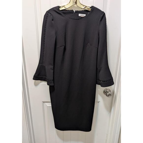 Calvin Klein Classic Open Embroidered Trim Bell Sleeve Sz. 10 Black Sheath Dress - Picture 1 of 9